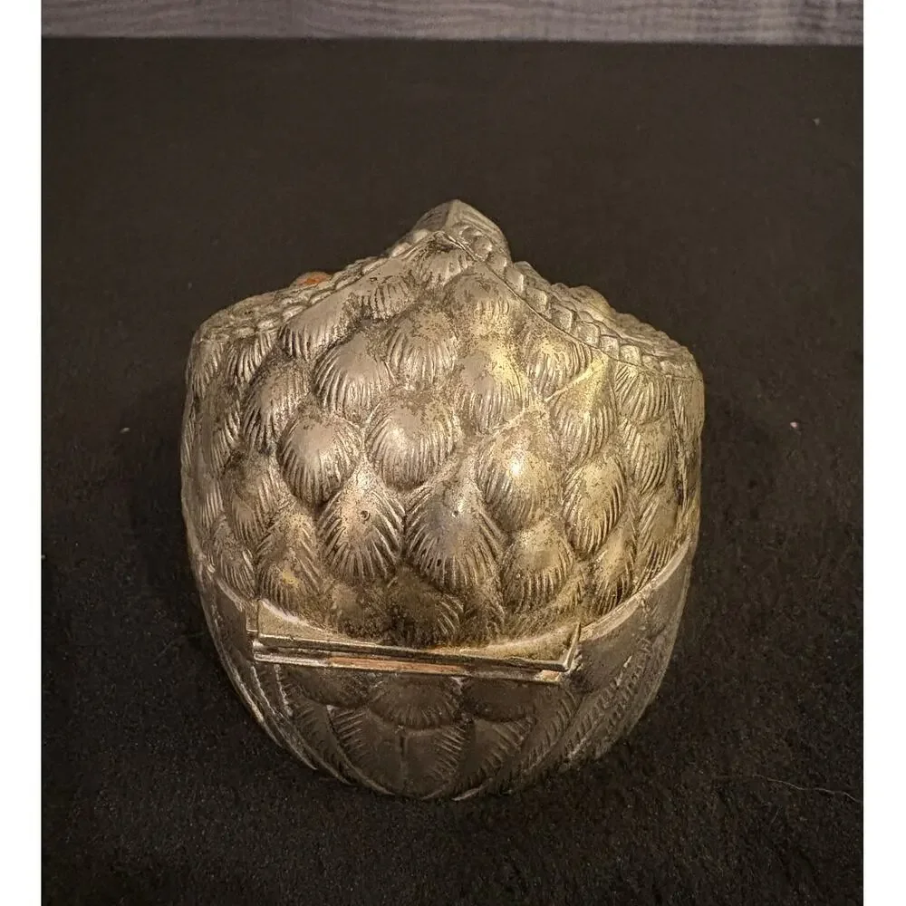 Vintage Silver Tone Owl-Shaped Trinket Box Red Velvet Interior